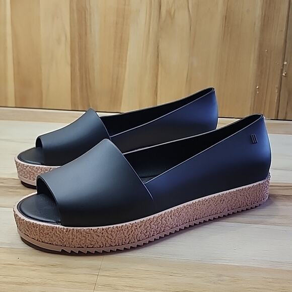 MELISSA SHOES PUZZLE BLACK OPEN-TOE SLIP ON PLATFORM LOAFERS SIZE 40 SCENTED - Picture 1 of 16